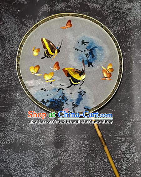 Chinese Traditional Embroidery Butterfly Palace Fans Handmade Mottled Bamboo Round Fan Embroidered Silk Fan Craft