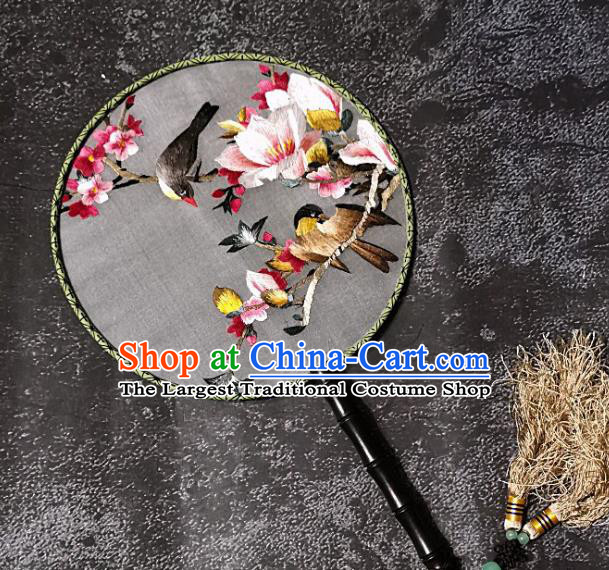 Chinese Traditional Embroidery Yulan Magnolia Palace Fans Handmade Round Fan Embroidered Birds Silk Fan Craft