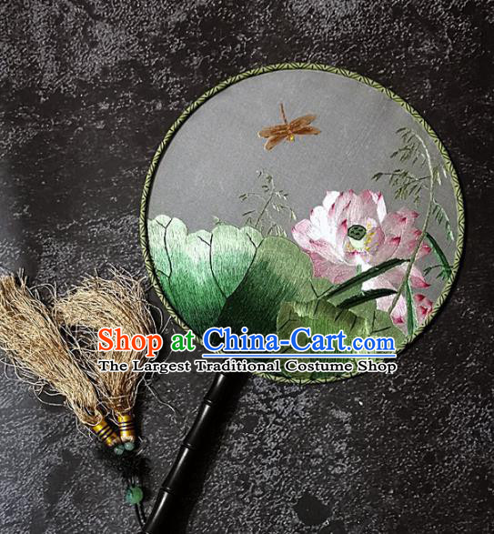 Chinese Traditional Palace Fans Handmade Embroidery Round Fan Embroidered Dragonfly Lotus Silk Fan Craft