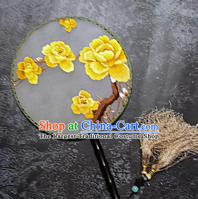 Chinese Traditional Embroidered Palace Fans Handmade Embroidery Yellow Peony Round Fan Silk Fan Craft