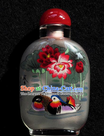 Chinese Handmade Snuff Bottle Traditional Inside Painting Mandarin Duck Lotus Snuff Bottles Artware