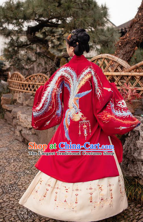 Chinese Ming Dynasty Royal Empress Embroidered Red Costumes Traditional Ancient Court Woman Garment Hanfu Cloak Blouse and Skirt Full Set