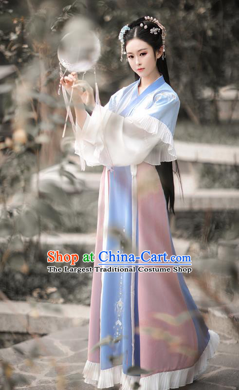 Traditional Chinese Jin Dynasty Embroidered Costumes Ancient Royal Princess Hanfu Dress Blue Half Sleeve Garment Blouse and Skirt Complete Set