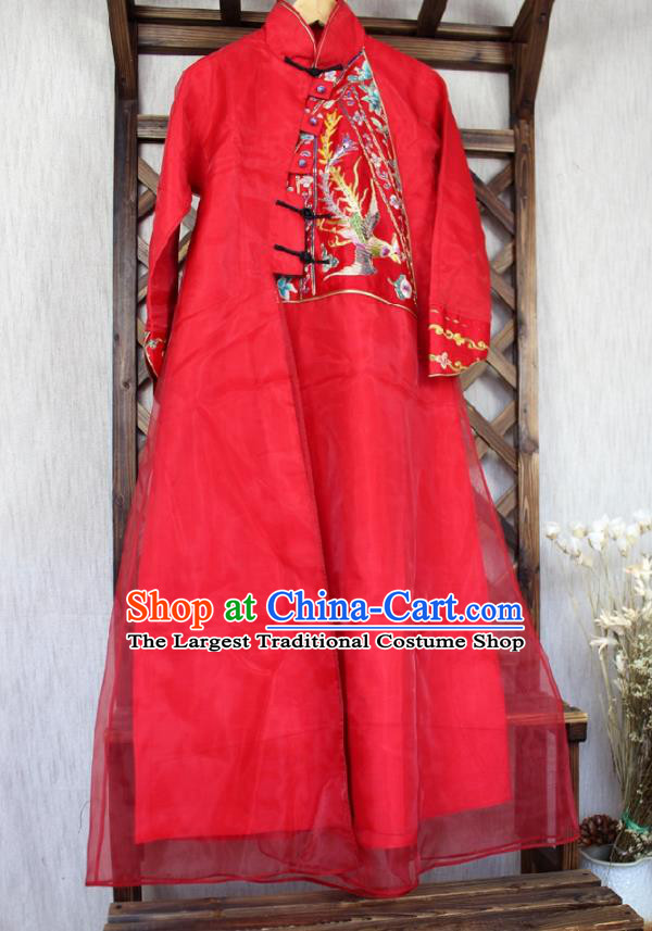 Traditional Chinese Embroidered Phoenix Red Cheongsam National Costume Republic of China Stand Collar Organza Qipao Dress for Women