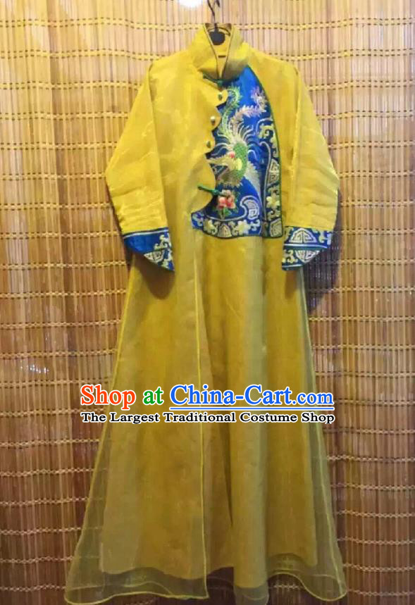 Traditional Chinese Embroidered Phoenix Yellow Organza Cheongsam National Costume Republic of China Stand Collar Qipao Dress for Women