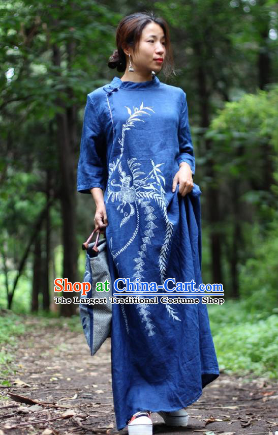 Traditional Chinese Hand Painting Phoenix Qipao Dress National Costume Tang Suit Blue Flax Cheongsam for Women