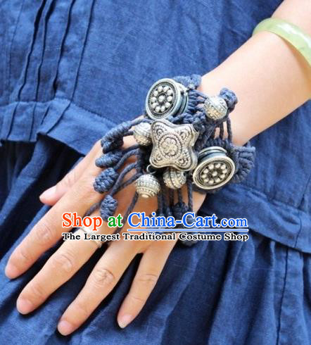 Chinese Handmade Miao Ethnic Sennit Accessories Traditional Minority Stage Show Silver Bracelet for Women