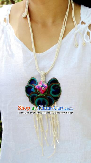 Chinese Handmade Miao Nationality Embroidered Necklace Traditional Minority Ethnic Peacock Feather Necklet Accessories for Women