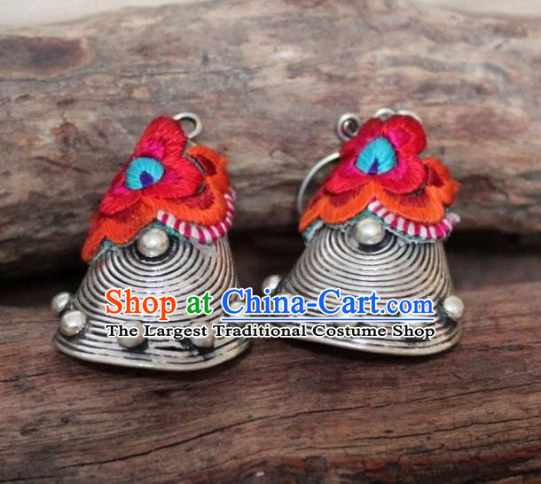 Chinese Handmade Miao Nationality Embroidered Red Earrings Traditional Minority Ethnic Folk Dance Ear Accessories for Women