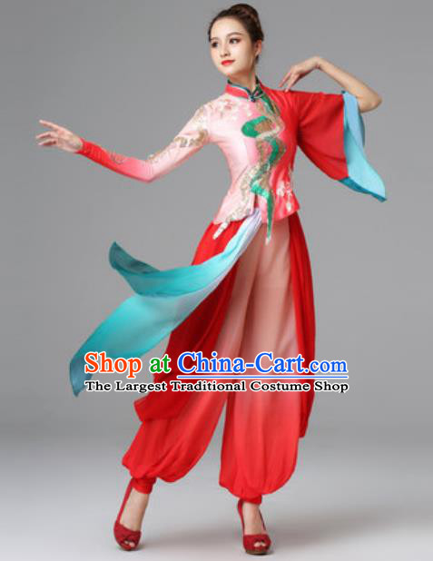 Traditional Chinese Folk Dance Red Outfits Classical Dance Dress Umbrella Dance Stage Performance Costume for Women