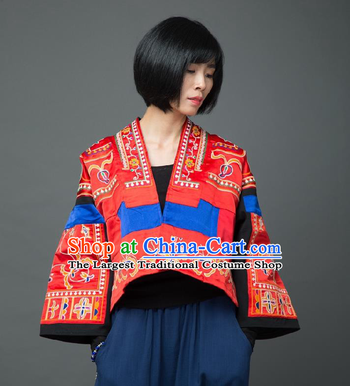 Traditional Chinese Embroidered Red Short Overcoat Dress National Costume Tang Suit Upper Outer Garment for Women