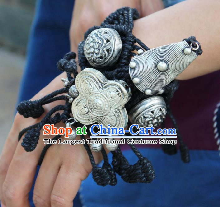 Chinese Handmade Miao Ethnic Silver Bells Wristband Accessories Traditional Minority Black Sennit Bracelet Bangle for Women