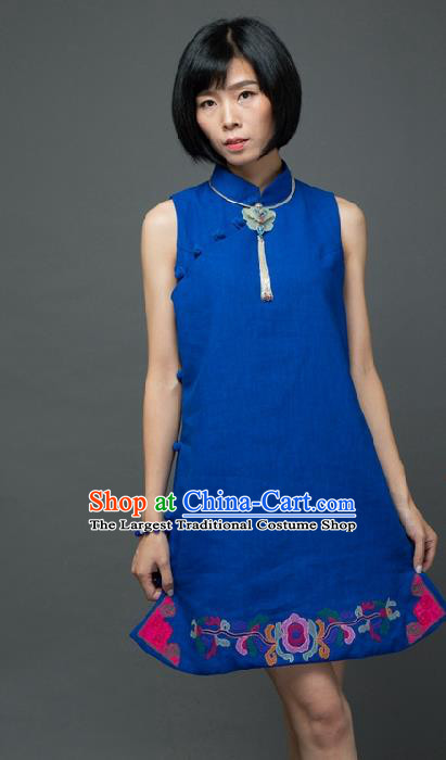 Traditional Chinese Blue Flax Qipao Dress National Costume Tang Suit Plated Buttons Cheongsam Garment for Women