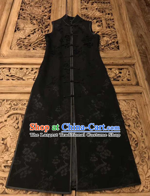 Traditional Chinese Black Silk Long Vest National Costume Republic of China Stand Collar Dress for Women