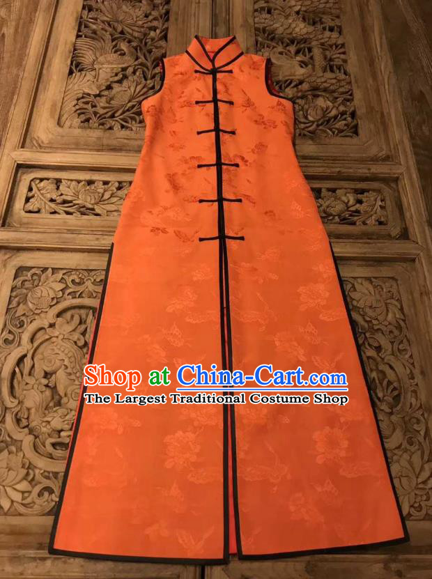 Traditional Chinese Orange Silk Long Vest National Costume Republic of China Stand Collar Dress for Women