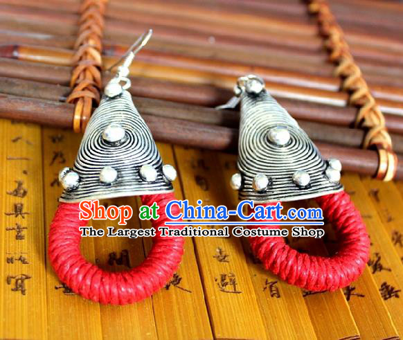 Chinese Handmade Miao Nationality Red Sennit Ear Accessories Traditional Minority Ethnic Silver Earrings for Women