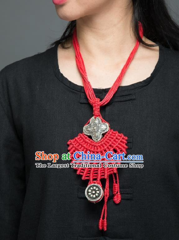 Chinese Handmade Miao Nationality Red Sennit Accessories Traditional Minority Ethnic Silver Carving Necklace for Women