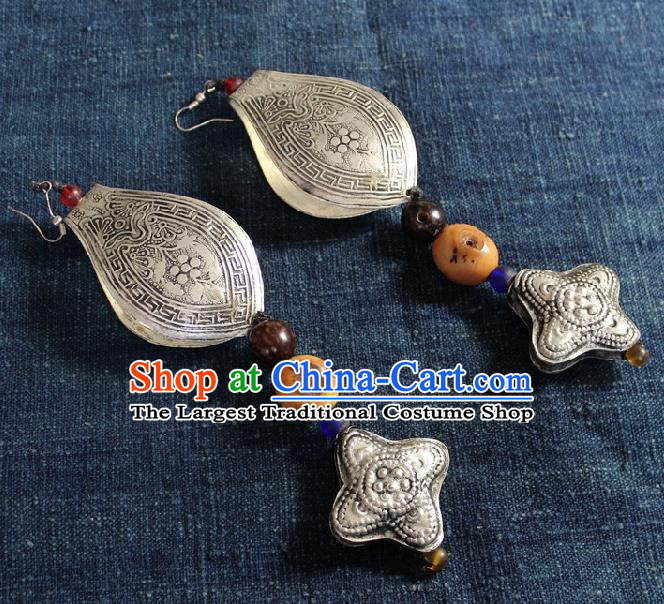 Chinese Handmade Miao Nationality Silver Carving Earrings Traditional Minority Ethnic Ear Accessories for Women