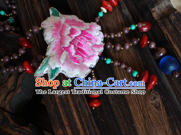 Chinese Handmade Miao Nationality Embroidered Pink Peony Necklace Traditional Minority Ethnic Beads Tassel Necklet Accessories for Women