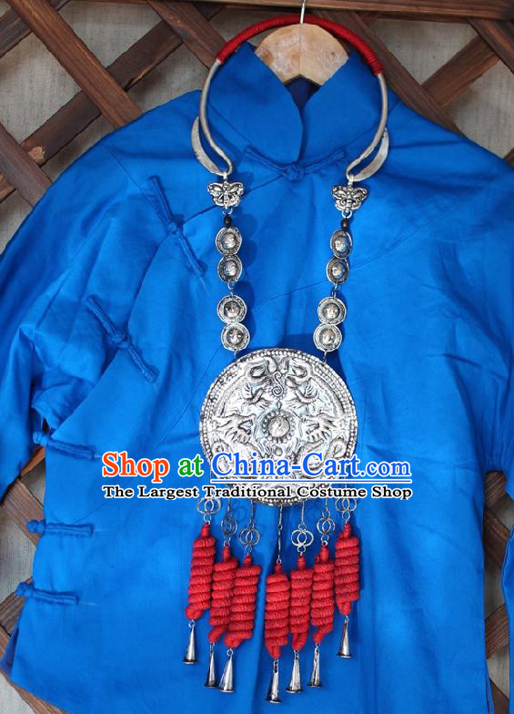 Chinese Handmade Miao Nationality Red Sennit Tassel Necklace Traditional Minority Ethnic Silver Carving Dragon Necklet Accessories for Women