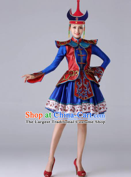 Traditional Chinese Ethnic Dance Outfits Folk Dance Royalblue Dress Mongol Nationality Stage Performance Costume for Women