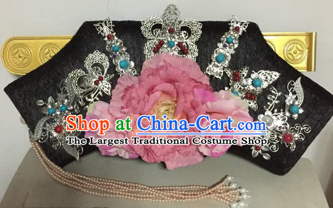 Chinese Traditional Qing Dynasty Queen Pink Peony Hair Accessories Flag Bun Drama Ancient Imperial Concubine Headwear