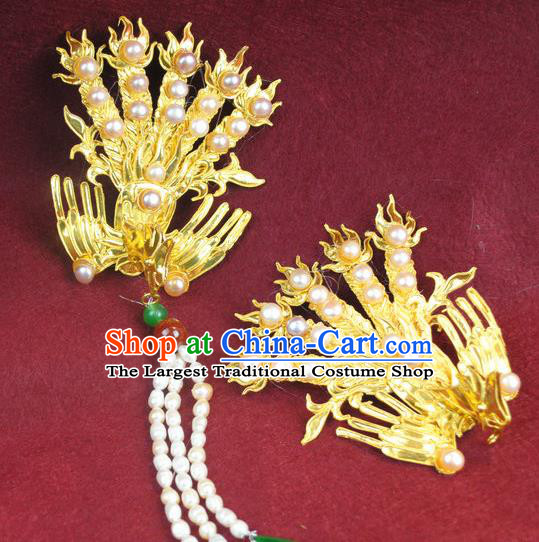 Chinese Traditional Qing Dynasty Imperial Concubine Golden Phoenix Hairpin Headwear Ancient Manchu Woman Hair Accessories Pearls Tassel Hair Clip