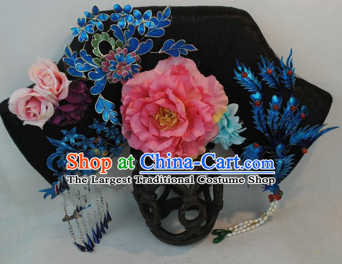 Chinese Traditional Qing Dynasty Queen Hair Accessories Drama Ancient Imperial Empress Flag Bun Princess Pearl My Fair Princess Headwear