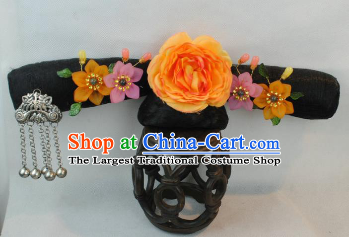 Chinese Traditional Qing Dynasty Queen Hair Accessories Drama Ancient Imperial Empress Orange Peony Flag Bun Wigs and Hairpins Headwear