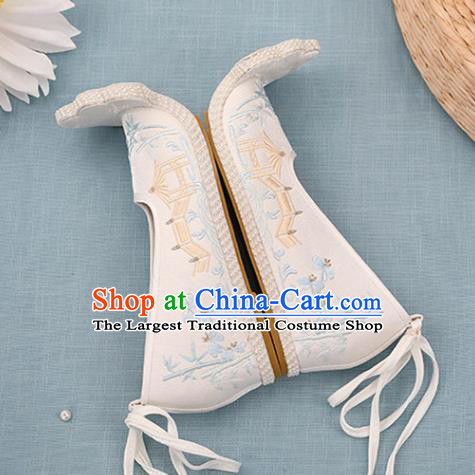 Chinese Ancient Court Women White Embroidered Shoes Princess Satin Shoes Handmade Palace Lady Shoes Embroidery Bamboo Bridge Shoes