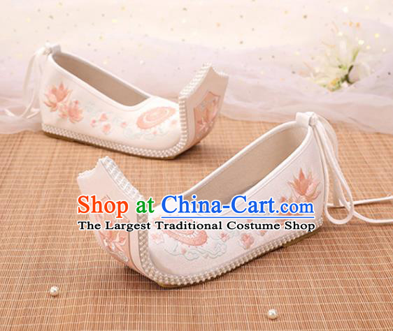 Chinese Ancient Court Women Pearls Shoes White Embroidered Shoes Princess Satin Shoes Handmade Shoes Embroidery Lotus Palace Lady Shoes