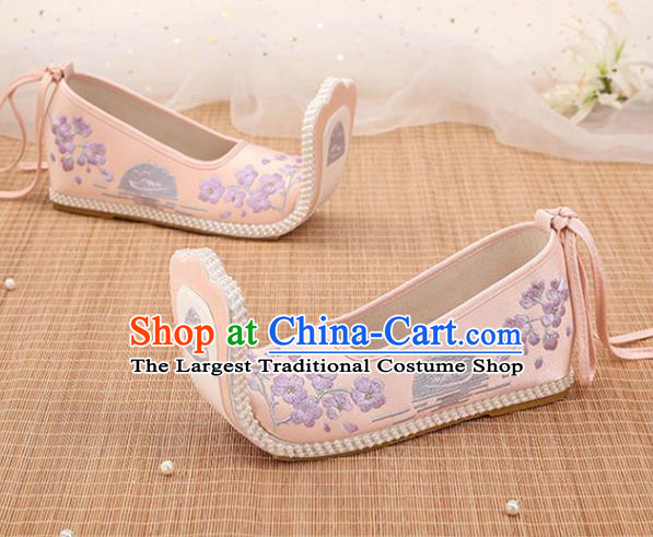 Chinese Ancient Embroidery Plum Blossom Pink Shoes Court Lady Shoes Embroidered Shoes Princess Satin Shoes Handmade Shoes