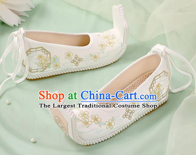 Chinese Ancient Embroidery Plum Blossom White Shoes Court Lady Shoes Embroidered Shoes Princess Satin Shoes Handmade Shoes