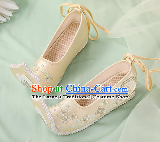 Chinese Ancient Embroidery Plum Blossom Yellow Shoes Court Lady Shoes Embroidered Shoes Princess Satin Shoes Handmade Shoes