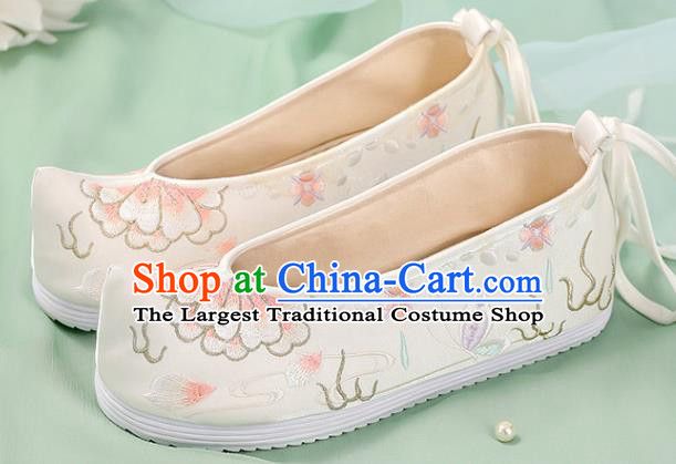 Chinese Traditional National Shoes White Cloth Shoes Embroidered Peony Shoes Hanfu Shoes Women Shoes Handmade Shoes