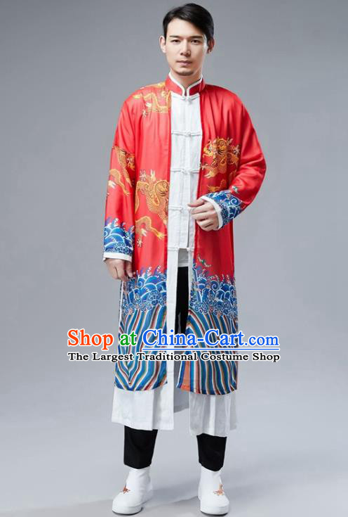 Chinese National Printing Dragon Red Chiffon Coat Traditional Tang Suit Outer Garment Overcoat Costume for Men