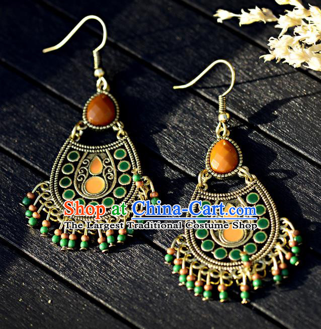 Asian India Traditional Green Tassel Eardrop Asia Indian Earrings Bollywood Dance Jewelry Accessories for Women