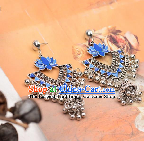 Asian India Traditional Blue Lotus Eardrop Asia Indian Earrings Bollywood Dance Jewelry Accessories for Women