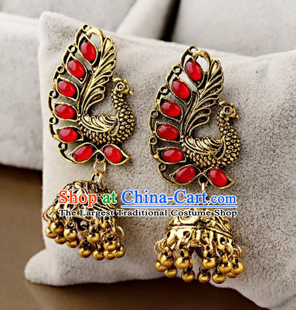 Asian India Traditional Red Gems Peacock Eardrop Asia Indian Bells Tassel Earrings Bollywood Dance Jewelry Accessories for Women