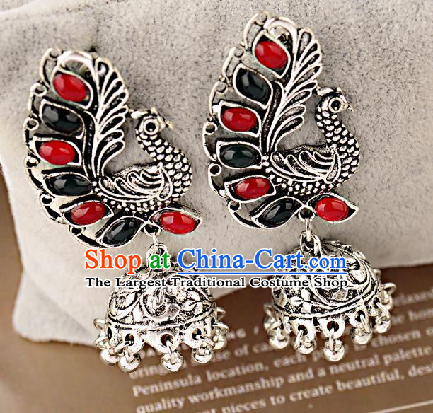 Asian India Traditional Gems Argent Peacock Eardrop Asia Indian Bells Tassel Earrings Bollywood Dance Jewelry Accessories for Women