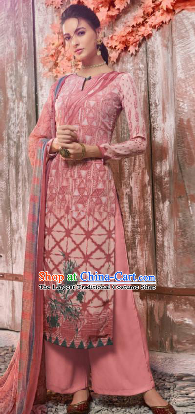 Asian India National Costumes Asia Indian Traditional Printing Pink Crepe Dress Sari and Loose Pants for Women