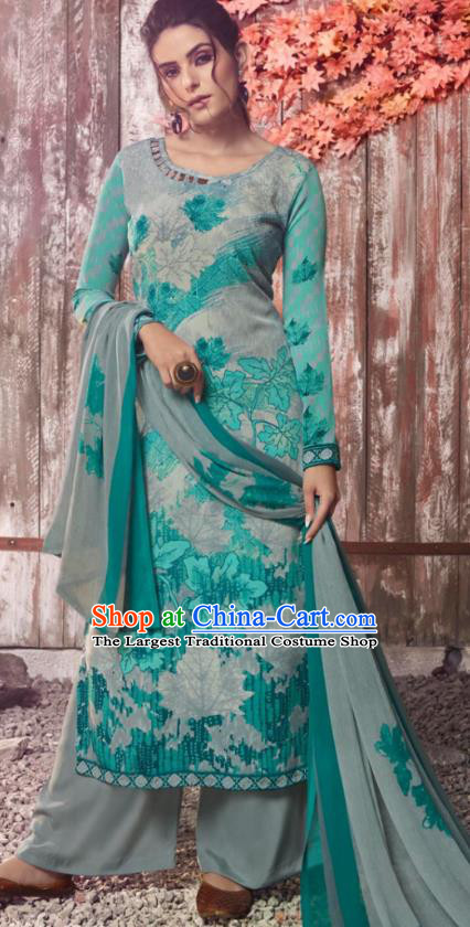 Asian India National Costumes Asia Indian Traditional Printing Leaf Gray Green Crepe Dress Sari and Loose Pants for Women