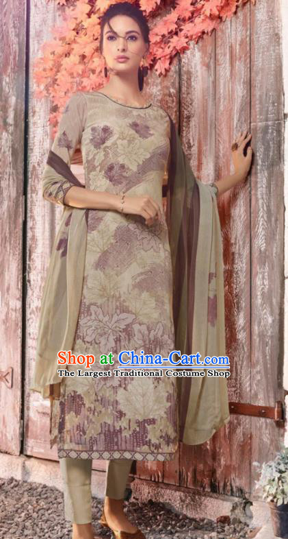 Asian India National Costumes Asia Indian Traditional Printing Leaf Grey Crepe Dress Sari and Loose Pants for Women