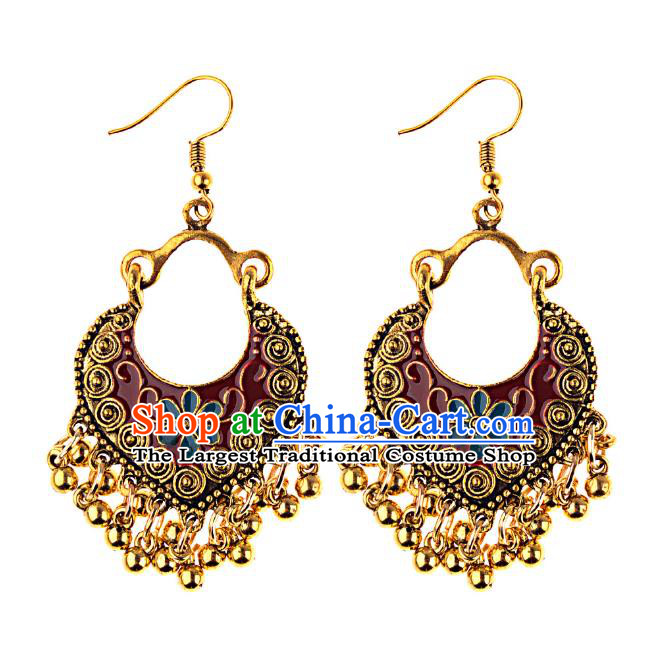 Asian India Traditional Red Eardrop Asia Indian Golden Tassel Earrings Belly Dance Jewelry Accessories for Women