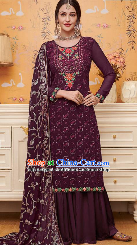 Asian India National Embroidered Punjab Costumes Asia Indian Traditional Purple Faux Georgette Dress Sari and Loose Pants for Women