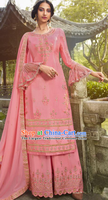 Asian India National Punjab Costumes Asia Indian Traditional Embroidered Peach Pink Dress Sari and Loose Pants for Women