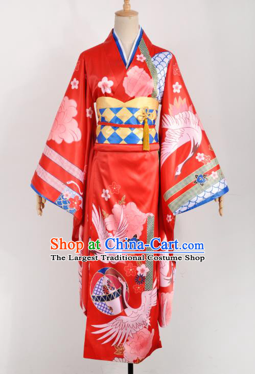 Traditional Japanese Printing Crane Red Yukata Dress Costumes Japan Geisha Silk Furisode Kimono and Belt Complete Set for Women