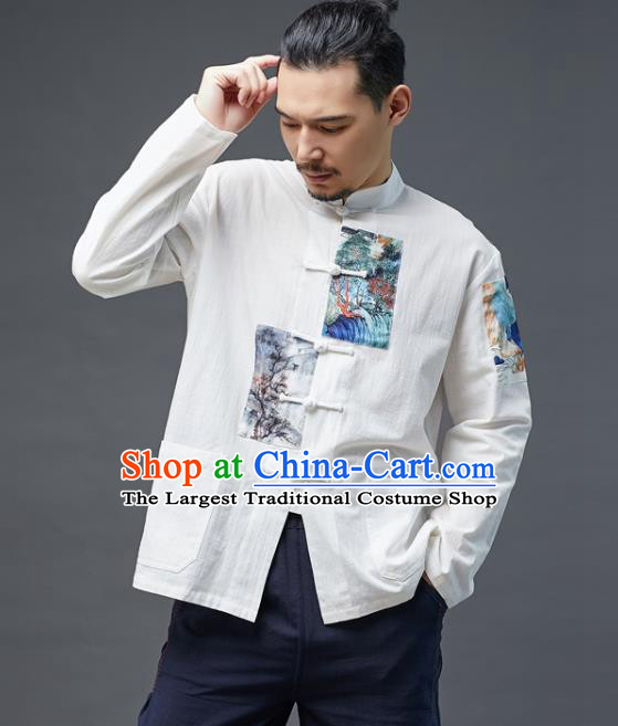 Chinese National Men Linen Shirt Traditional Tang Suit Costume Upper Outer Garment Overshirt