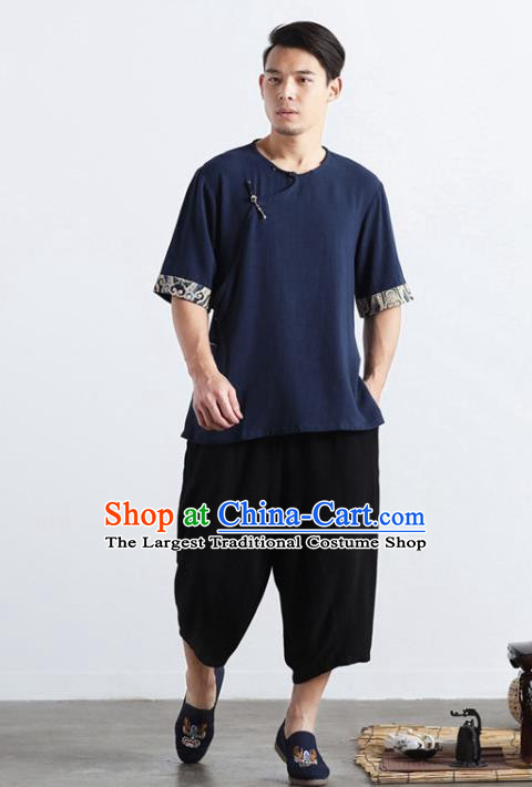 Chinese National Navy Flax Shirt Traditional Tang Suit Short Sleeve Upper Outer Garment Frog Buttons Costume for Men