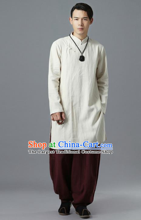 Chinese National White Flax Coat Traditional Tang Suit Outer Garment Overcoat Costume for Men